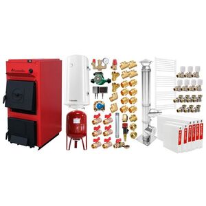 Imagine Pachet centrala pe combustibil solid Fornello T-PRO 50 kW, cos inox, radiatoare otel, boiler, vas expansiune, fitinguri si accesorii de baza