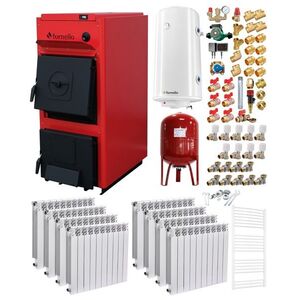 Imagine Pachet centrala pe combustibil solid Fornello T-PRO 50 kW, calorifere aluminiu, boiler, vas expansiune, fitinguri si accesorii de baza