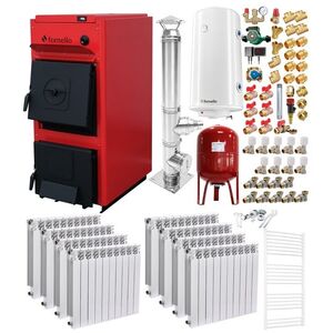Imagine Pachet centrala pe combustibil solid Fornello T-PRO 50 kW, cos Inox, calorifere aluminiu, boiler, vas expansiune, fitinguri si accesorii de baza
