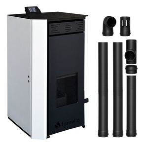 Imagine Pachet Termosemineu pe peleti Fornello EVA 30 KW, pompa circulatie, vas expansiune, Grup siguranta, WI-FI, buncar, tiraj fortat, kit evacuare 2.5 ml, Clasa A++, recomandat pentru 200 mp, Alb