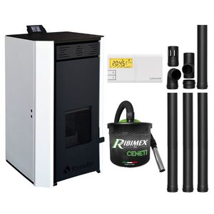 Imagine Pachet Termosemineu pe peleti Fornello EVA 30 KW, pompa circulatie, vas expansiune, Grup siguranta, WI-FI, buncar, tiraj fortat, kit evacuare, termostat Salus 091FLRFV2, aspirator, Clasa A++, recomandat pentru 200 mp, Alb