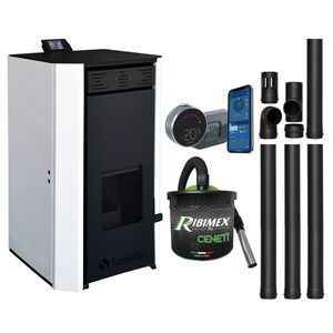 Imagine Pachet Termosemineu pe peleti Fornello EVA 30 KW, pompa circulatie, vas expansiune, Grup siguranta, WI-FI, buncar, tiraj fortat, kit evacuare, termostat Salus IT 800, aspirator, Clasa A++, recomandat pentru 200 mp, Alb