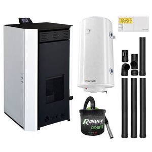 Imagine Pachet Termosemineu pe peleti Fornello EVA 30 KW, pompa circulatie, vas expansiune, Grup siguranta, WI-FI, buncar, tiraj fortat, kit evacuare, termostat Salus 091FLRFV2, aspirator, boiler 100L, Clasa A++, recomandat pentru 200 mp, Alb