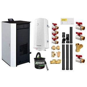 Imagine Pachet Termosemineu pe peleti Fornello EVA 30 KW, pompa circulatie, vas expansiune, WI-FI, buncar, tiraj fortat, kit evacuare 3.5 ml, termostat, aspirator, boiler 100L si Fitinguri montaj centrala/boiler