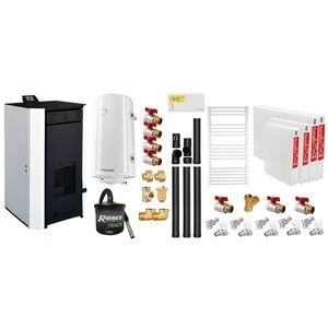 Imagine Pachet Termosemineu pe peleti Fornello EVA 30 KW, pompa circulatie, vas expansiune, WI-FI, buncar, tiraj fortat, kit evacuare 3.5 ml, termostat, aspirator, boiler 100L, Radiatoare otel si Fitinguri montaj