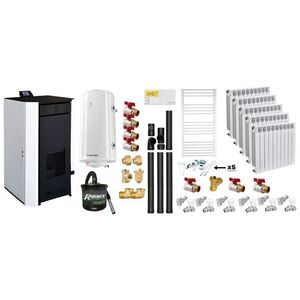 Imagine Pachet Termosemineu pe peleti Fornello EVA 30 KW, pompa circulatie, vas expansiune, WI-FI, buncar, tiraj fortat, kit evacuare 3.5 ml, termostat, aspirator, boiler 100L, Radiatoare Aluminiu si Fitinguri montaj