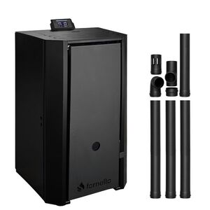 Imagine Pachet Centrala pe peleti Fornello EVA B Black 30 KW, pompa circulatie, vas expansiune, Grup siguranta, WI-FI, buncar, tiraj fortat, kit evacuare 3.5 ml, Clasa A++, recomandat pentru 200 mp, Negru