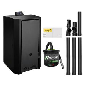 Imagine Pachet Centrala pe peleti Fornello EVA B Black 30 KW, pompa circulatie, vas expansiune, Grup siguranta, WI-FI, buncar, tiraj fortat, kit evacuare, termostat Salus 091FLRFV2, aspirator, Clasa A++, recomandat pentru 200 mp, Negru