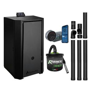 Imagine Pachet Centrala pe peleti Fornello EVA B Black 30 KW, pompa circulatie, vas expansiune, Grup siguranta, WI-FI, buncar, tiraj fortat, kit evacuare, termostat Salus IT800, aspirator, Clasa A++, recomandat pentru 200 mp, Negru