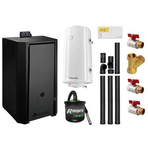Imagine Pachet Centrala pe peleti Fornello EVA B Black 30 KW, pompa circulatie, vas expansiune, WI-FI, buncar, tiraj fortat, kit evacuare 3.5 ml, termostat, aspirator, boiler 100L si Fitinguri montaj