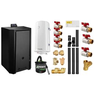 Imagine Pachet Centrala pe peleti Fornello EVA B Black 30 KW, pompa circulatie, vas expansiune, WI-FI, buncar, tiraj fortat, kit evacuare 3.5 ml, termostat, aspirator, boiler 100L si Fitinguri montaj centrala/boiler
