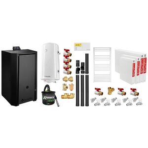 Imagine Pachet Centrala pe peleti Fornello EVA B Black 30 KW, pompa circulatie, vas expansiune, WI-FI, buncar, tiraj fortat, kit evacuare 3.5 ml, termostat, aspirator, boiler 100L, Radiatoare otel si Fitinguri montaj