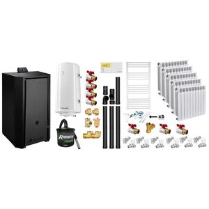 Imagine Pachet Centrala pe peleti Fornello EVA B Black 30 KW, pompa circulatie, vas expansiune, WI-FI, buncar, tiraj fortat, kit evacuare 3.5 ml, termostat, aspirator, boiler 100L, Radiatoare Aluminiu si Fitinguri montaj