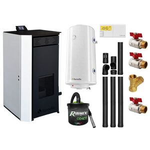 Imagine Pachet Termosemineu pe peleti Fornello EVA 18 KW, pompa circulatie, vas expansiune, WI-FI, buncar, tiraj fortat, kit evacuare 3.5 ml, termostat, aspiratior, boiler 100L si Fitinguri montaj