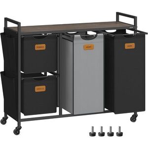 Imagine Cos de rufe cu 4 compartimente si roti, Vasagle, 150 L, 98.6x33x80.5 cm, otel/PAL/tesatura Oxford, negru/gri