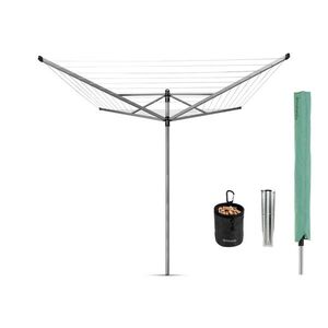 Imagine Uscator de rufe rotativ cu 4 brate + cu suport fixare pamant + husa + set carlige rufe, Brabantia, Lift-O-Matic, 50 m capacitate de uscare, otel, gri metalizat