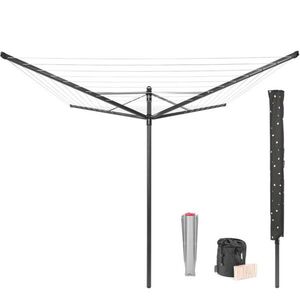 Imagine Uscator de rufe rotativ cu 4 brate + cu suport fixare pamant + husa + set carlige rufe, Brabantia, Lift-O-Matic, 50 m capacitate de uscare, otel, antracit