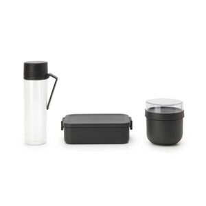 Imagine Set caserola pranz, bol si sticla de apa 3 piese, Brabantia, Make&Take Breakfast Set, 1.1 L, 500 ml, plastic, gri inchis