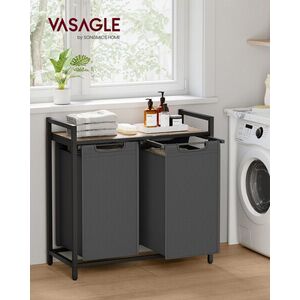 Imagine Cos de rufe cu doua compartimente, Vasagle, 73x33x72 cm, 2 x 46 L, MDF/tesatura Oxford, maro/gri