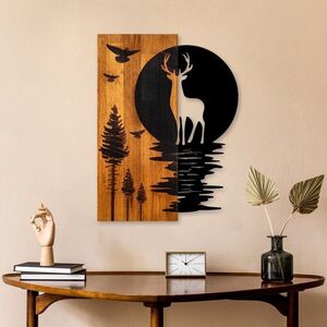 Imagine Decoratiune de perete, Deer and Moon, Lățime: 43 cm Înălțime: 58 cm Adâncime: 3 cm, Nuc / Negru