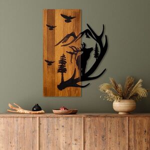 Imagine Decoratiune de perete, Deer and Mountain, Lățime: 43 cm Înălțime: 58 cm Adâncime: 3 cm, Nuc / Negru