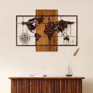 Imagine Decoratiune de perete, World Map With Compass 5, Dimensiuni: 58 x 85 cm, Nuc / Maro