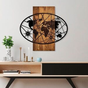 Imagine Decoratiune de perete, World Map 4-M, Dimensiuni: 57 x 62 cm, Nuc / Negru