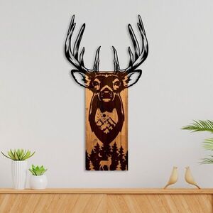Imagine Decoratiune de perete, Deer in Mountain, Lățime: 48 cm, Nuc / Negru