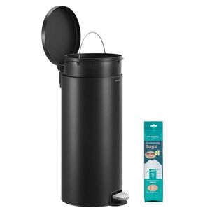 Imagine Cos de gunoi cu pedala 30L + 15 saci menajeri, Songmics, capac soft-close, otel, negru
