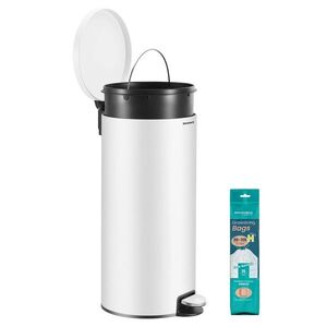 Imagine Cos de gunoi cu pedala 30L + 15 saci menajeri, Songmics, capac soft-close, otel, alb