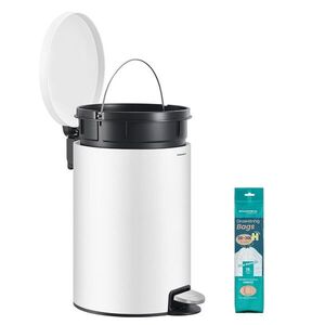 Imagine Cos de gunoi cu pedala 20L + 15 saci menajeri, Songmics, capac soft-close, otel, alb