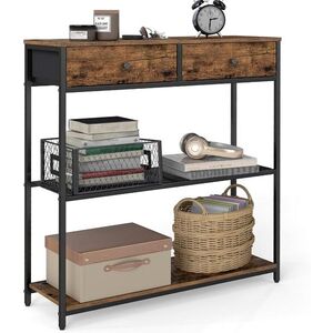 Imagine Consola cu sertare textile si rafturi, 76x24x80 cm, tesatura Oxford/PAL/otel, maro rustic/negru
