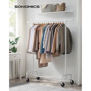 Imagine Suport pentru umerase, Songmics, extensibil, cu roti, 110-150x45x160 cm, otel, alb mat