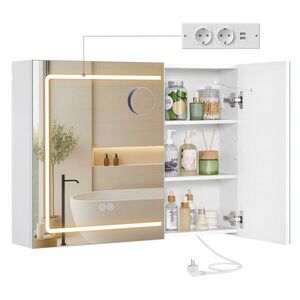 Imagine Dulap baie cu oglinda, Vasagle, iluminare LED, functie anti-aburire, prize, 80x60x16.5 cm, PAL/MDF, alb