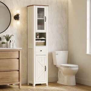 Imagine Dulap baie inalt Vasagle Liry, cu sertar si rafturi, 33x31.5x171 cm, MDF/PAL, alb rustic/maro