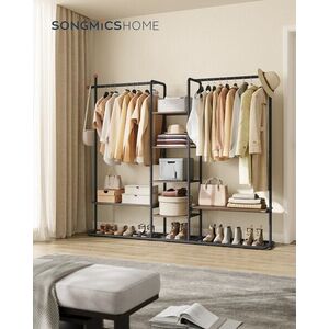 Imagine Suport haine cu rafturi si bare, Songmics, 6 rafturi, 2 bare, 163.6x33.8x175.3 cm, otel/PAL, maro nuc/negru