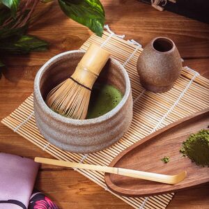 Imagine Set 4 piese pentru matcha Yunomi, Homla, 12.7x10.5 cm, portelan/bambus, gri/natur