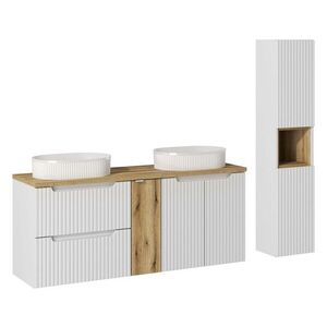 Imagine Set mobilier baie Nova White Beyond 140 cm D, dulap inalt si masca dubla cu lavoar, Comad, MDF/PAL, alb/stejar