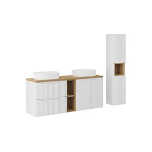 Imagine Set mobilier baie Nova White Beyond 140 cm, dulap inalt si masca dubla cu lavoar, Comad, MDF/PAL, alb/stejar