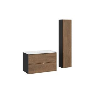 Imagine Set mobilier baie Talia Casella 80 cm HC, dulap inalt si masca cu lavoar, Comad, MDF/PAL, stejar/negru mat