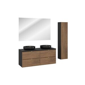 Imagine Set mobilier baie Talia Casella 120 cm, dulap inalt si masca dubla cu lavoar si oglinda, Comad, MDF/PAL, stejar/negru mat