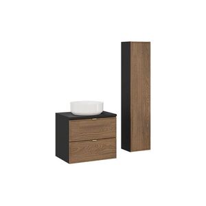 Imagine Set mobilier baie Talia Casella 60 cm, dulap inalt si masca cu lavoar, MDF/PAL, Comad, stejar/negru mat