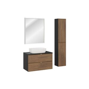 Imagine Set mobilier baie Talia Casella 80 cm, dulap inalt, masca cu lavoar si oglinda LED, Comad, MDF/PAL, stejar/negru mat