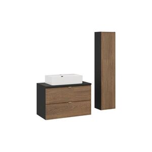 Imagine Set mobilier baie Talia Casella 80 cm, dulap inalt si masca cu lavoar, Comad, MDF/PAL, stejar/negru mat