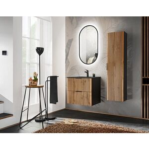 Imagine Set mobilier baie Xilo 60 cm, dulap inalt, masca cu lavoar si oglinda LED, Comad, MDF/PAL, negru/stejar