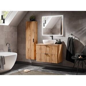 Imagine Set mobilier Adel Oak 60 cm, dulap inalt, masca cu lavoar si oglinda LED, Comad, MDF/PAL, stejar