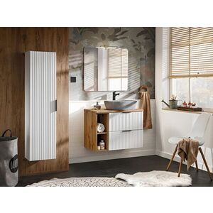 Imagine Set mobilier Adel White Wotan Anna, dulap inalt, masca cu lavoar si oglinda cu LED, Comad, alb/stejar