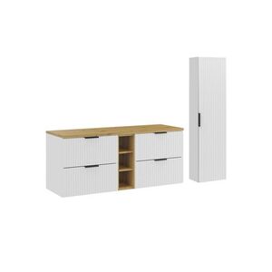 Imagine Set mobilier baie Adel White Artisan 140 cm HC, dulap inalt si masca dubla lavoar, Comad, MDF/PAL, alb mat/stejar