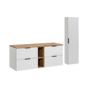 Imagine Set mobilier baie Adel White Wotan 140 cm HC, dulap inalt si masca dubla lavoar, Comad, MDF/PAL, alb mat/stejar