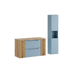 Imagine Set mobilier baie Nova Denim Oak 100 cm, dulap inalt si masca lavoar, Comad, MDF/PAL, albastru denim